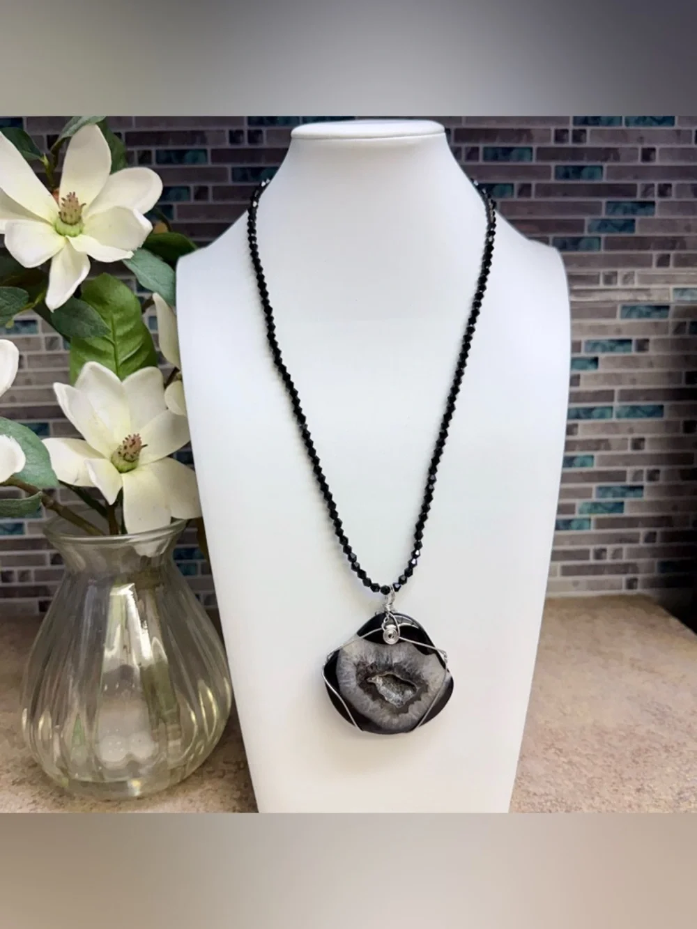 Statement black and silver druzy geode and Swarovski crystals necklace